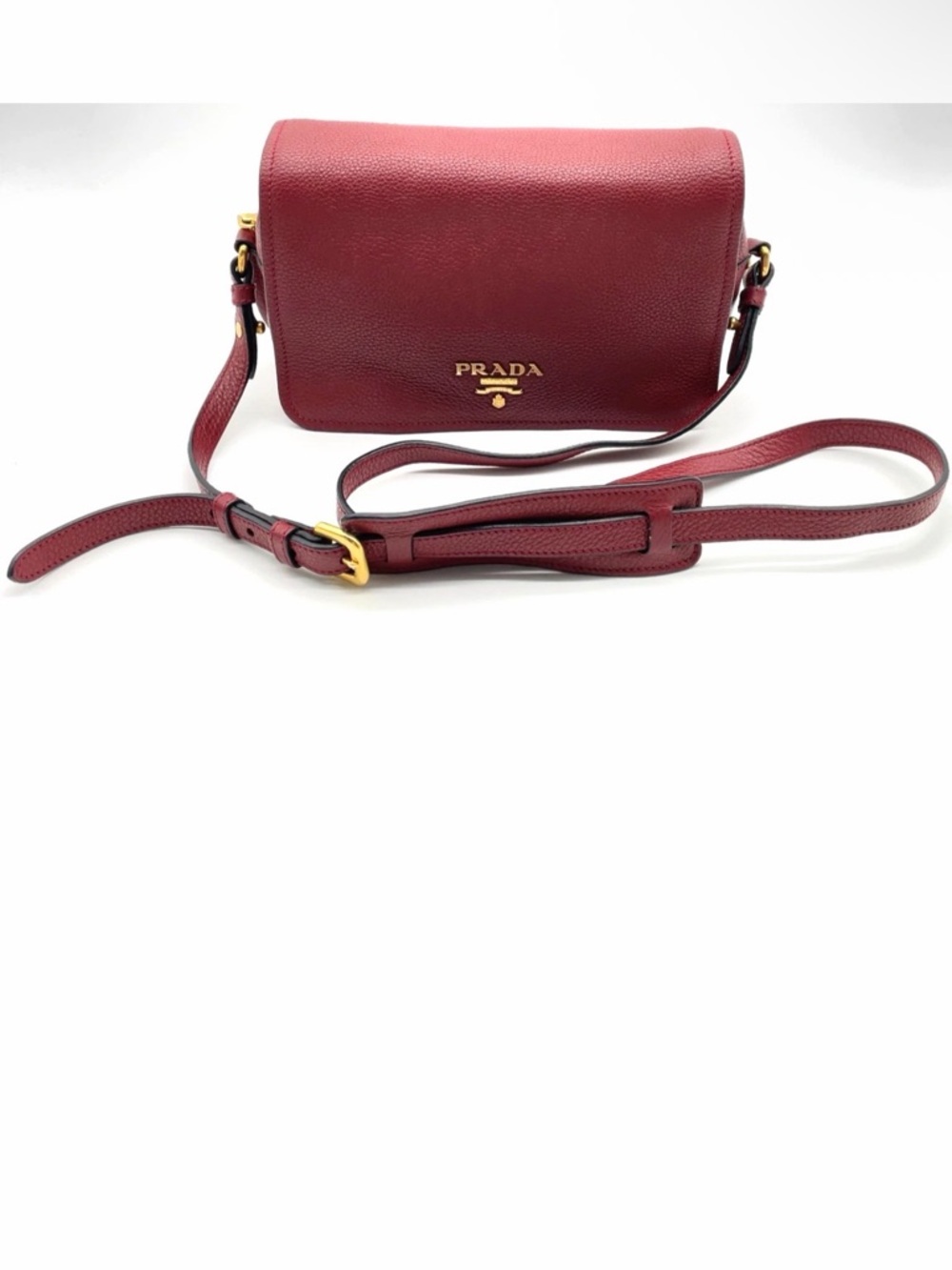 Auth Prada Vitello Daino Flap burgundy leather Crossbody Shoulder Bag
